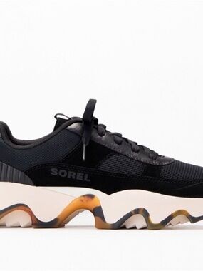 Sorel Black Lace-Up Chunky Sneaker with Cream and Tan Accents